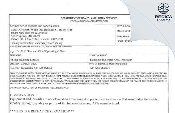 FDA 483 - SHILPA PHARMA LIFESCIENCES LIMITED [India / India] - Download PDF - Redica Systems