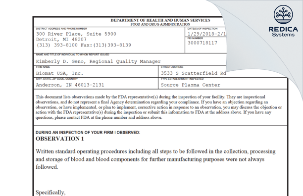 FDA 483 - Biomat USA, Inc. [Anderson / United States of America] - Download PDF - Redica Systems