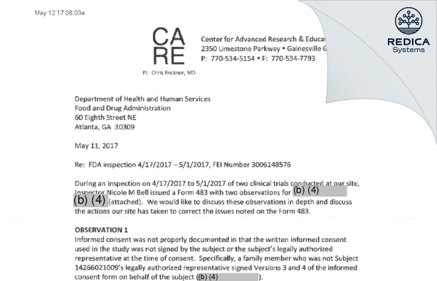 FDA 483 Response - Recknor, Christopher M.D. [Gainesville / United States of America] - Download PDF - Redica Systems