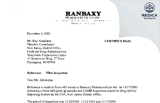 FDA 483 Response - Ranbaxy Inc. [Princeton / United States of America] - Download PDF - Redica Systems