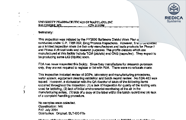 EIR - UPM Pharmaceuticals [Baltimore / United States of America] - Download PDF - Redica Systems