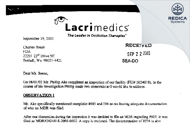 FDA 483 Response - Lacrimedics Inc [Dupont / United States of America] - Download PDF - Redica Systems