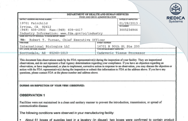 FDA 483 - Lattice Biologics, Inc. [Scottsdale / United States of America] - Download PDF - Redica Systems
