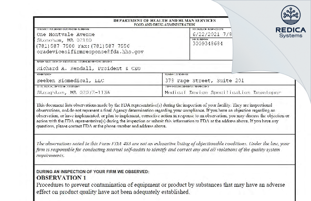FDA 483 - Beeken Biomedical, LLC [Stoughton / United States of America] - Download PDF - Redica Systems