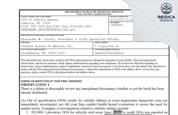 FDA 483 - Premier Brands of America Inc [New York / United States of America] - Download PDF - Redica Systems