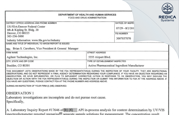 FDA 483 - Agilent Technologies, Inc. [Boulder / United States of America] - Download PDF - Redica Systems