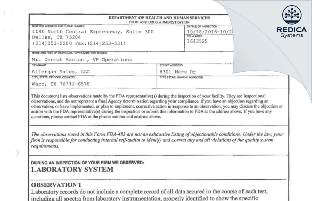 FDA 483 - Allergan Sales, LLC [Waco / United States of America] - Download PDF - Redica Systems