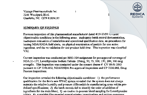 EIR - Generics Bidco II LLC d/b/a Prinston Laboratories [Charlotte / United States of America] - Download PDF - Redica Systems
