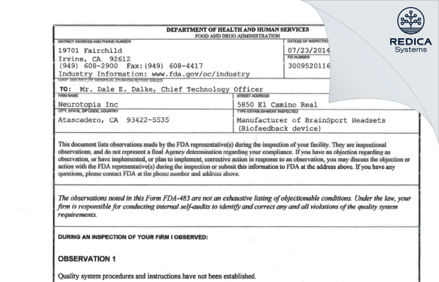FDA 483 - Neurotopia Inc [Atascadero / United States of America] - Download PDF - Redica Systems