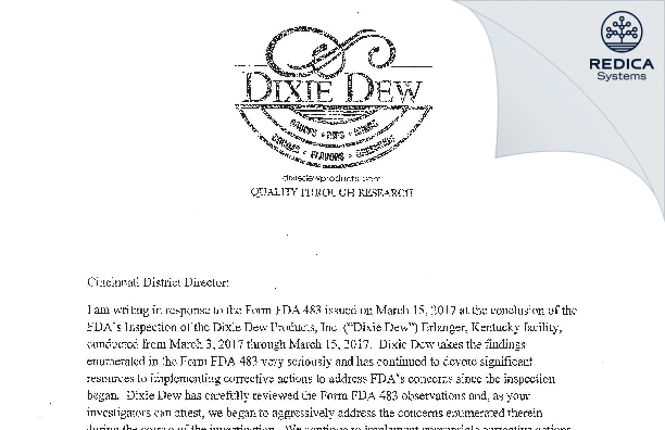 FDA 483 Response - Dixie Dew Products Inc [Erlanger / United States of America] - Download PDF - Redica Systems