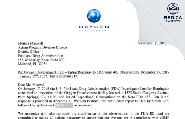 FDA 483 Response - OXYGEN DEVELOPMENT, L.L.C. [Florida / United States of America] - Download PDF - Redica Systems