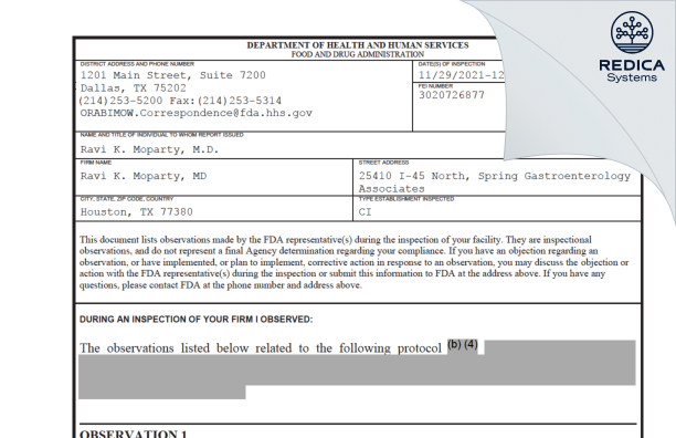 FDA 483 - Ravi K. Moparty, MD [Houston / United States of America] - Download PDF - Redica Systems
