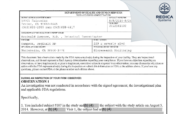 FDA 483 - Sampson, Reginald MD [Montebello / United States of America] - Download PDF - Redica Systems