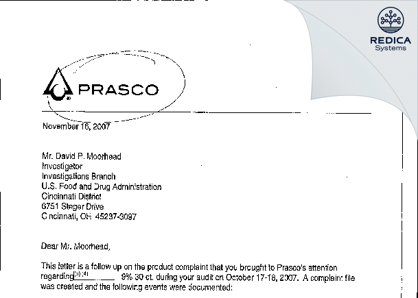FDA 483 Response - Prasco LLC [Mason / United States of America] - Download PDF - Redica Systems
