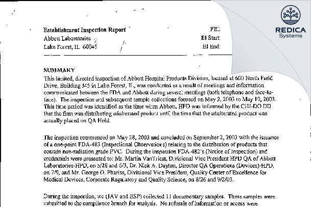 EIR - Hospira, Inc. [Lake Forest / United States of America] - Download PDF - Redica Systems