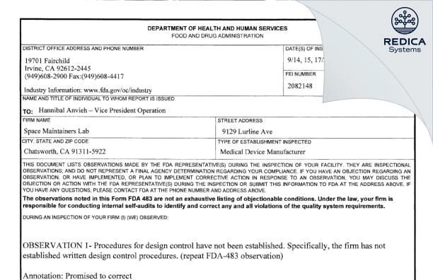 FDA 483 - Space Maintainers Lab [Chatsworth / United States of America] - Download PDF - Redica Systems