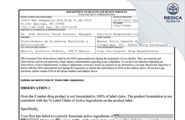 FDA 483 - Distribuidora de Alimentos Naturales y Nutricionales, S.A. de C.V. [Mexico / Mexico] - Download PDF - Redica Systems
