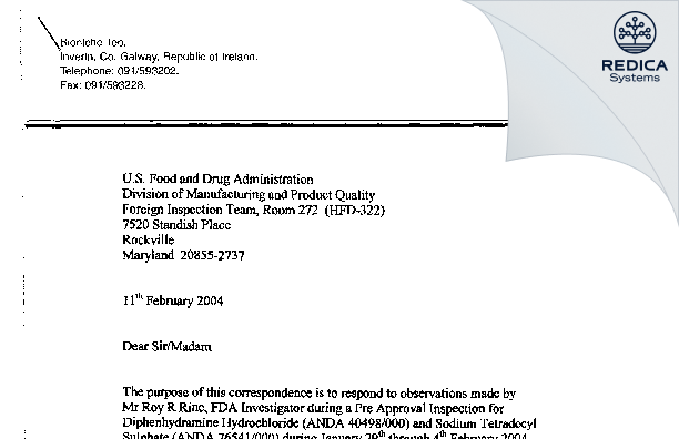 FDA 483 Response - Mylan Teoranta [Inverin / Ireland] - Download PDF - Redica Systems