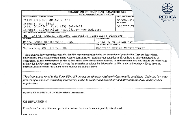 FDA 483 - Greatbatch Ltd [Beaverton / United States of America] - Download PDF - Redica Systems