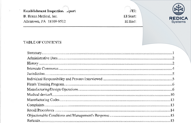 EIR - B. Braun Medical Inc. [Allentown Pennsylvania / United States of America] - Download PDF - Redica Systems
