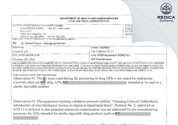 FDA 483 - COSMA Spa [Italy / Italy] - Download PDF - Redica Systems