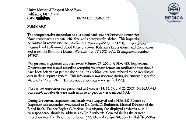 EIR - Union Memorial Hospital Bb [Baltimore / United States of America] - Download PDF - Redica Systems