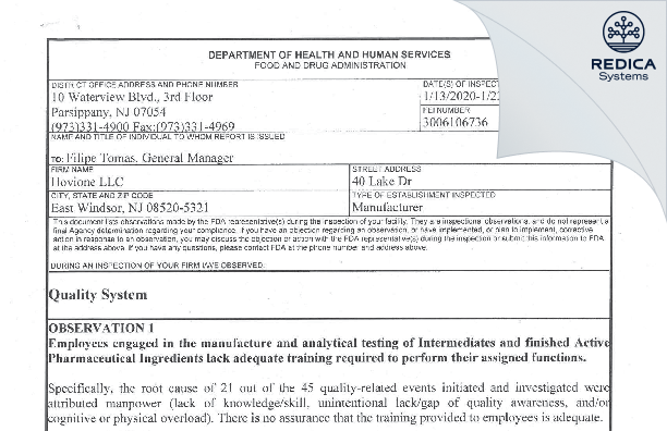 FDA 483 - HOVIONE LLC [Jersey / United States of America] - Download PDF - Redica Systems