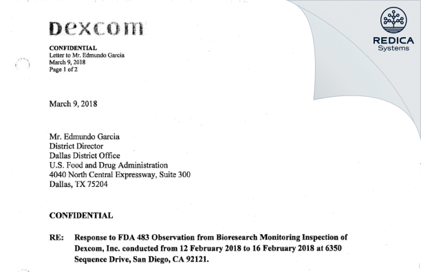 FDA 483 Response - Dexcom, Inc. [San Diego / United States of America] - Download PDF - Redica Systems