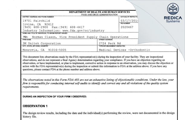 FDA 483 - 3M Unitek Corporation [Monrovia / United States of America] - Download PDF - Redica Systems