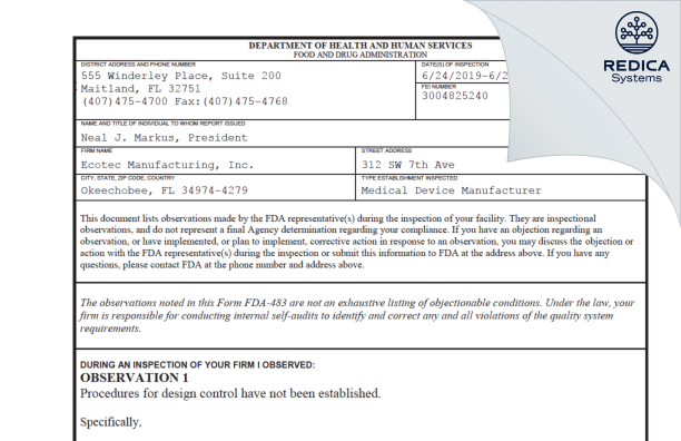 FDA 483 - Ecotec Manufacturing, Inc. [Okeechobee / United States of America] - Download PDF - Redica Systems
