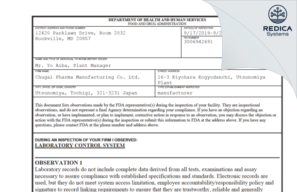 FDA 483 - Chugai Pharma Manufacturing Co., Ltd [Utsunomiya Tcg / Japan] - Download PDF - Redica Systems