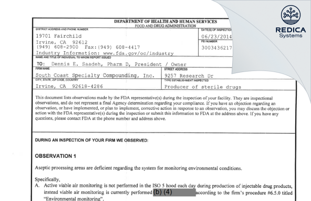 FDA 483 - ImprimisRx CA, Inc., dba ImprimisRx [Irvine / United States of America] - Download PDF - Redica Systems