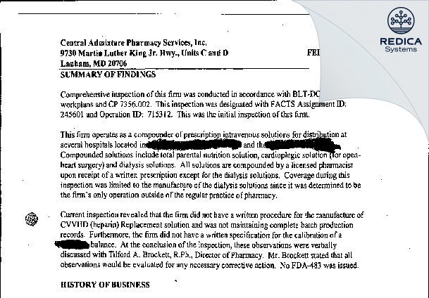 EIR - Central Admixture Pharmacy Services Inc [Beltsville / United States of America] - Download PDF - Redica Systems