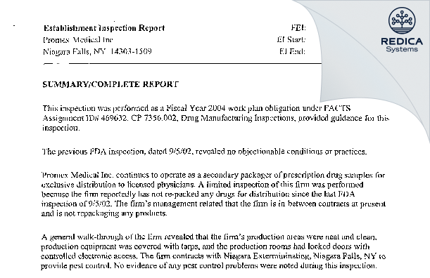 EIR - Promex Medical Inc [Niagara Falls / United States of America] - Download PDF - Redica Systems