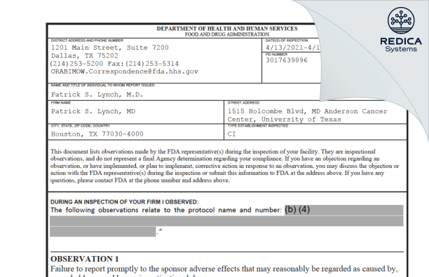 FDA 483 - Patrick S. Lynch, MD [Houston / United States of America] - Download PDF - Redica Systems