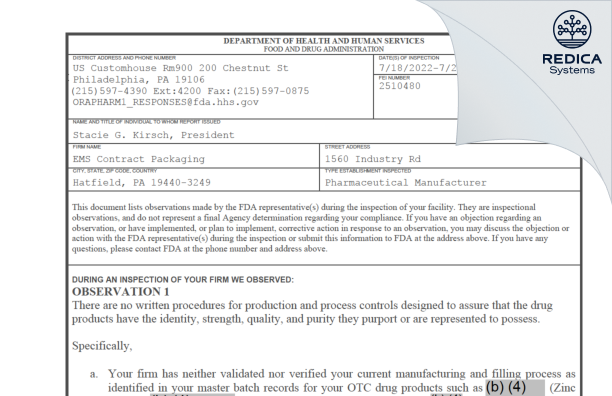 FDA 483 - EMS ACQUISITION CORP. [Hatfield Pennsylvania / United States of America] - Download PDF - Redica Systems