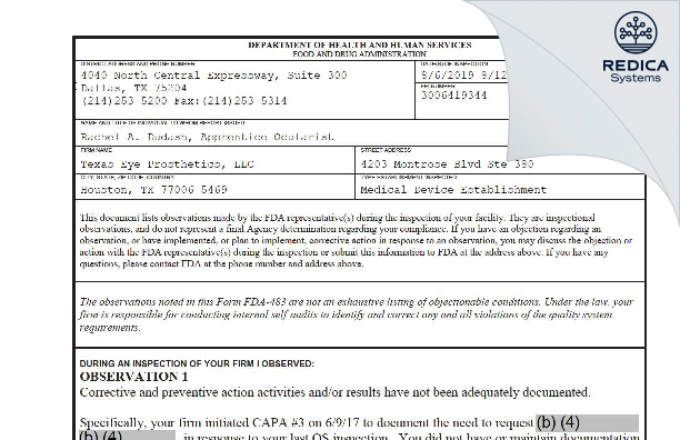 FDA 483 - Texas Eye Prosthetics, LLC [Houston / United States of America] - Download PDF - Redica Systems