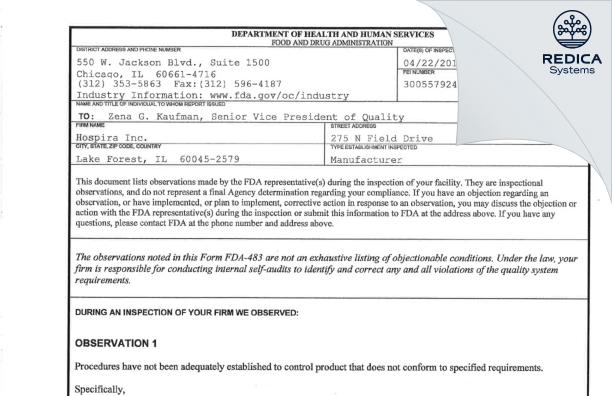 FDA 483 - Hospira Inc., A Pfizer Company [Lake Forest / United States of America] - Download PDF - Redica Systems