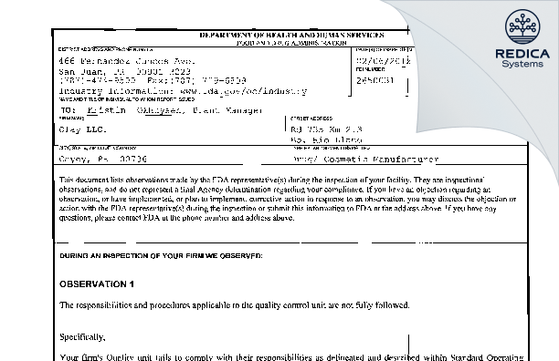 FDA 483 - Olay LLC [Cayey / United States of America] - Download PDF - Redica Systems