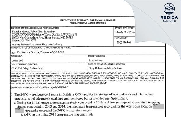 FDA 483 - Lonza AG [Visp / Switzerland] - Download PDF - Redica Systems