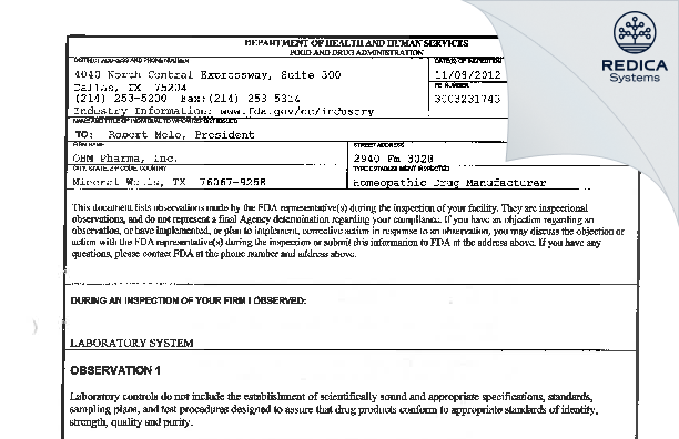 FDA 483 - OHM PHARMA INC. [Mineral Wells / United States of America] - Download PDF - Redica Systems