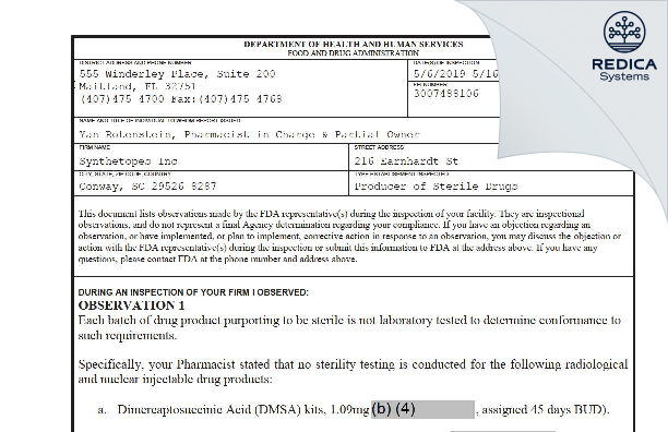 FDA 483 - Synthetopes Inc [Conway / United States of America] - Download PDF - Redica Systems
