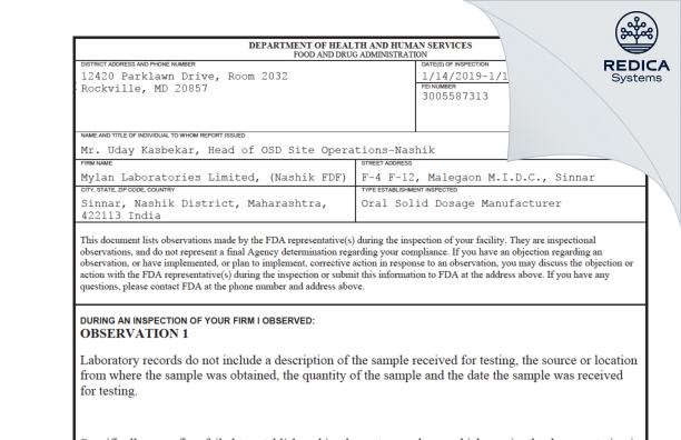 FDA 483 - Mylan Laboratories Limited [India / India] - Download PDF - Redica Systems