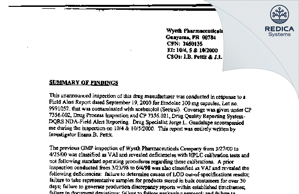 EIR - Wyeth Pharmaceuticals Company [Guayama / United States of America] - Download PDF - Redica Systems