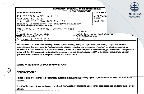 FDA 483 - Flying Food Group, LLC [Orlando / United States of America] - Download PDF - Redica Systems