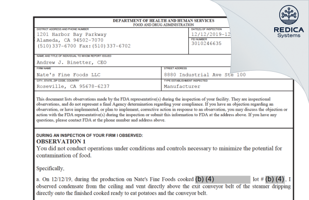 FDA 483 - Nate's Fine Foods LLC [Roseville / United States of America] - Download PDF - Redica Systems