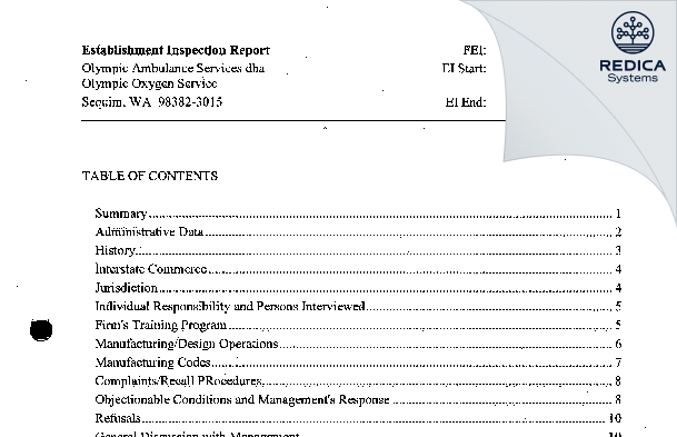 EIR - Olympic Ambulance Service, Inc. dba Olympic Oxygen Service [Sequim / United States of America] - Download PDF - Redica Systems