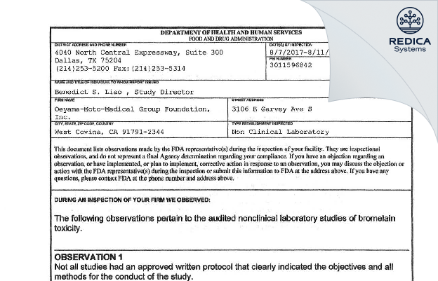 FDA 483 - Oeyama-Moto-Medical Group Foundation, LLC [West Covina / United States of America] - Download PDF - Redica Systems