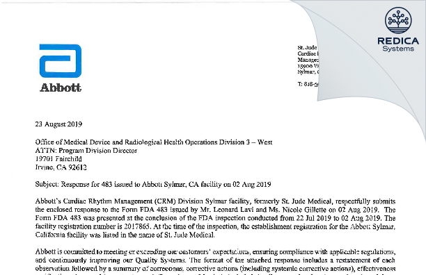FDA 483 Response - Abbott Medical [Sylmar / United States of America] - Download PDF - Redica Systems