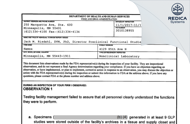 FDA 483 - Namsa [Minneapolis / United States of America] - Download PDF - Redica Systems